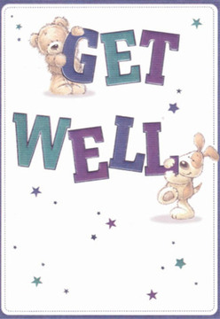 Conveying a natural sense of comfort, this charming get well card echoes the uplifting spirit you'll find in Greenford's neighbourhood florists. The scene centers on a plush teddy bear-its honey-coloured fur and endearing smile bringing the word 'GET' to life from above-while a playful puppy, with droopy ears and a joyful glint, nestles against the bold, energetic 'WELL' below. Their rounded forms and expressive eyes exude kindness and playful hope, as delicate stars in varying shades of deep blue, teal, and violet scatter across the shimmering white background. The bold, friendly lettering pops in purple and aqua, reminiscent of the lively hues seen in seasonal arrangements around Ravenor Park. Each element in this illustration is thoughtfully layered, the detail inviting touch and trust, much like the feel of a bouquet delicately tied for local delivery by Greenford Flowers. The card, like a heartfelt arrangement left at a friend's door on Greenford Road, radiates gentle encouragement and care-an illustrated wish designed to uplift and soothe during times of recovery.